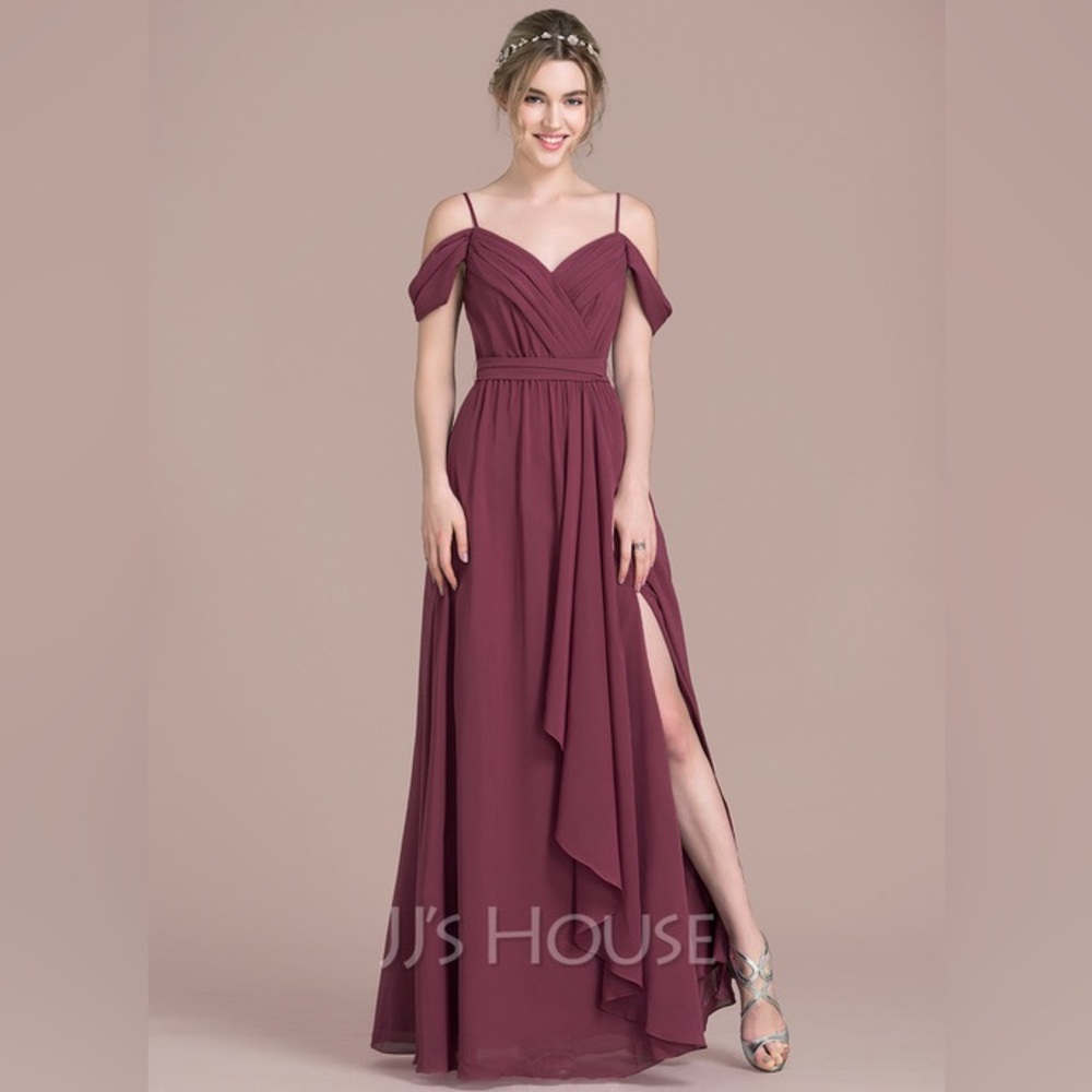 A line V neck off the shoulder JJsHouse Full lengthDress, Cabernet, Size 12, NWT